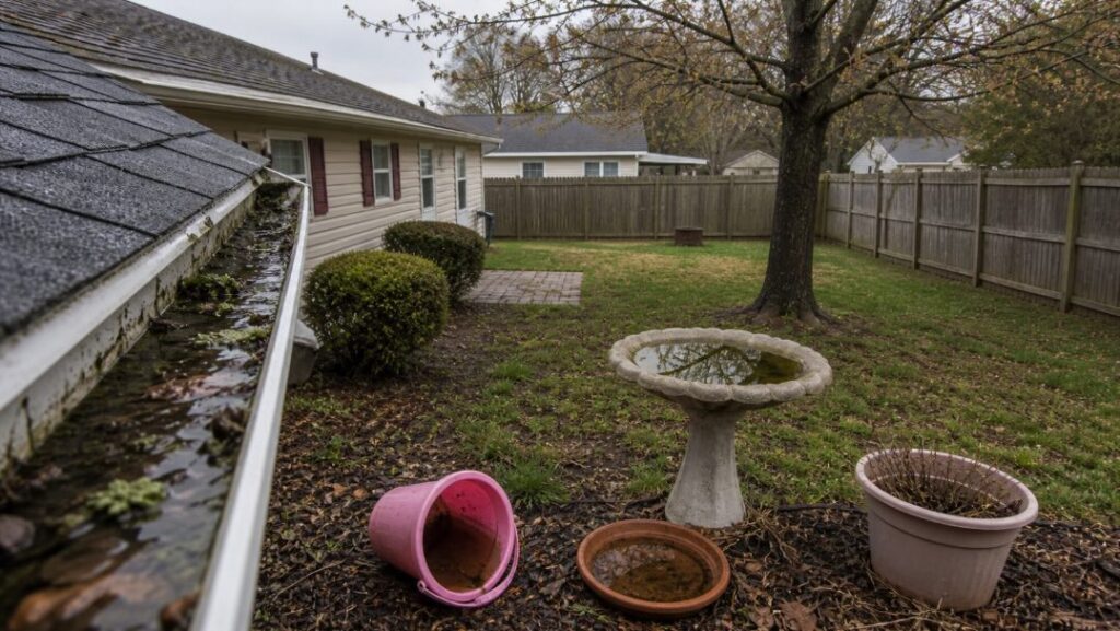 Photorealistic image of a suburban New Jersey backyard in early spring under an overcast sky, showing multiple mosquito breeding sites. A clogged rain gutter filled with standing water runs along a vinyl-sided ranch home, while a birdbath with greenish stagnant water sits near a partially leafed-out tree. Nearby, an overturned children’s bucket and a flower pot saucer both collect rainwater on the ground, with a wooden privacy fence enclosing the yard.