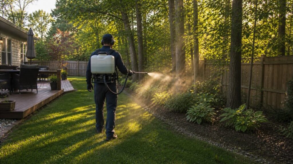 Photorealistic image of a pest control technician in a clean uniform walking along the wooded edge of a suburban New Jersey backyard, using a backpack mist sprayer to treat vegetation along a wooden fence line. Late afternoon sunlight filters through the trees, illuminating the fine mist, with a wooden deck and patio furniture visible beside a well-maintained lawn.