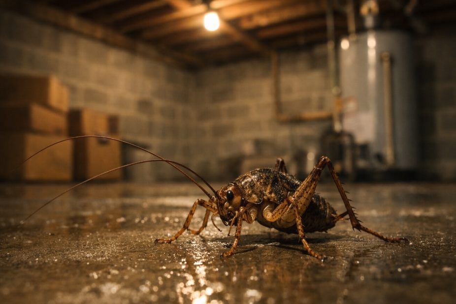 Close-up of a camel cricket on a damp concrete basement floor, sharply focused in the foreground with long antennae and arched back visible. The space is a residential basement with cinder block walls, exposed ceiling joists, and a warm overhead light casting soft shadows. Cardboard boxes and a water heater appear blurred in the background.