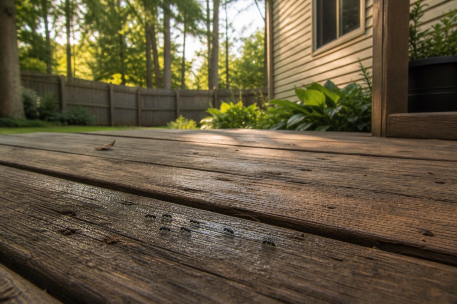 Several small black ants move in a loose line across weathered, slightly damp wooden deck boards, with a softly blurred backyard of trees, fence, and house in warm natural light.