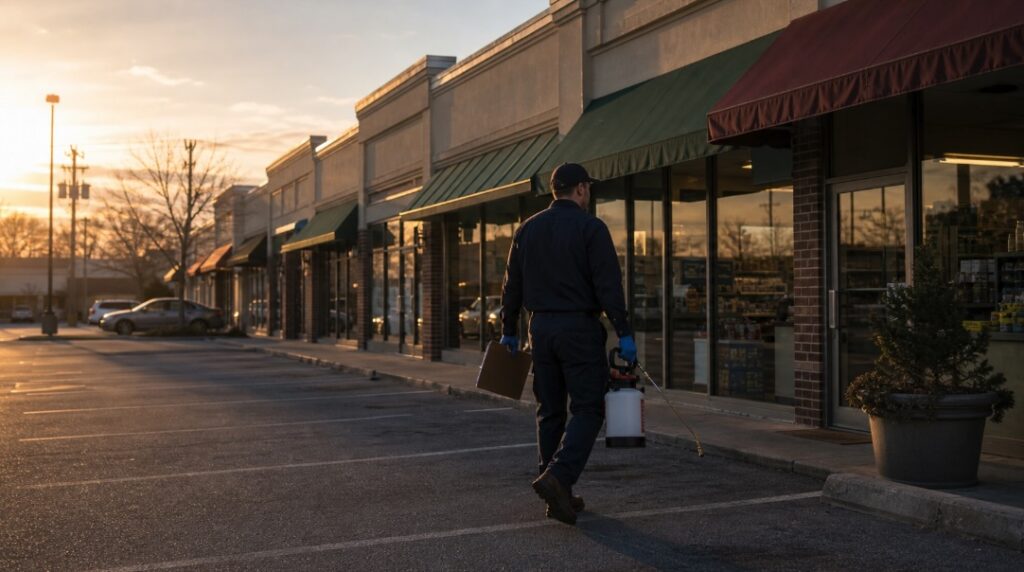 A photorealistic early morning scene of a New Jersey strip mall parking lot during golden hour. A row of small storefronts with awnings— including a restaurant, convenience store, and retail shop— lines the right side. Long shadows stretch across the mostly empty lot. In the foreground, a uniformed pest control technician walks toward one of the entrances, carrying a professional spray rig in one hand and a clipboard in the other. The lighting is warm and low, creating a calm, routine atmosphere.