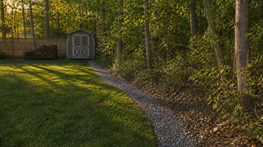 Photorealistic landscape of a suburban New Jersey backyard at golden hour, showing a neatly mowed lawn transitioning to a wooded tree line. A narrow gravel strip separates the grass from leaf litter and underbrush, with a wooden fence, small garden shed, and stacked firewood visible in the background under warm late-afternoon light.