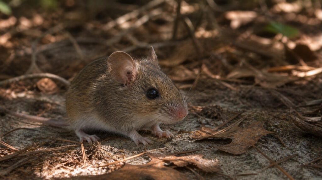 Photorealistic image of a white-footed mouse sitting on sandy forest floor in the New Jersey Pine Barrens, surrounded by pine needles and dry oak leaves. Dappled sunlight filters through overhead trees, and two small dark ticks are visible attached near the base of the mouse’s ear.
