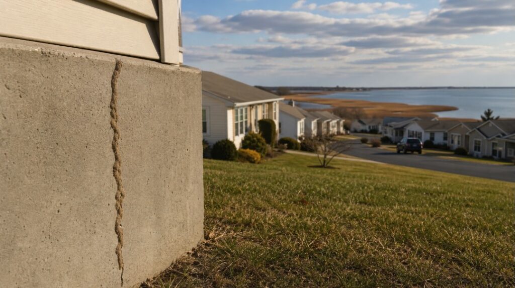 A photorealistic, landscape-oriented image of a quiet coastal New Jersey neighborhood. In the foreground, a concrete foundation wall shows a thin vertical mud tube running along a hairline crack. Beyond it, a row of modest single-story ranch homes with light-colored vinyl siding and small lawns lines a gently sloping street. In the background, a calm bay bordered by golden salt marsh grasses stretches under a partly cloudy sky, lit by warm afternoon sunlight.
