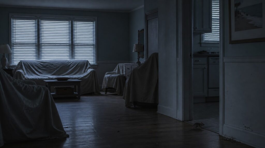 A dim, photorealistic living room inside an unoccupied beach-area home in winter. Furniture is covered with dusty white sheets, and closed blinds allow faint blue-gray daylight to filter in. The space feels cold and still, with no lights on. Near the baseboard by a doorway leading to the kitchen, a small mouse moves along the floor, while a few camel crickets rest in a shadowy corner nearby.
