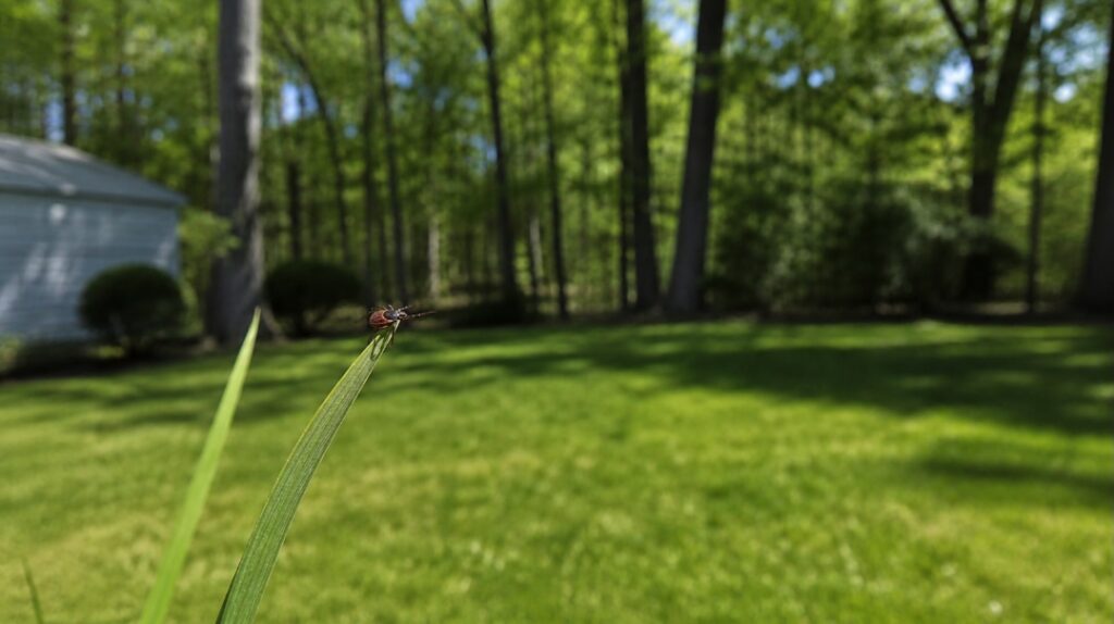 Photorealistic close-up of a small blacklegged deer tick perched at the tip of a single blade of grass in a suburban New Jersey backyard, its reddish-brown body and black legs in sharp focus with front legs extended in a questing posture. The background is softly blurred, showing a sunlit, well-maintained lawn fading into a wooded tree line.