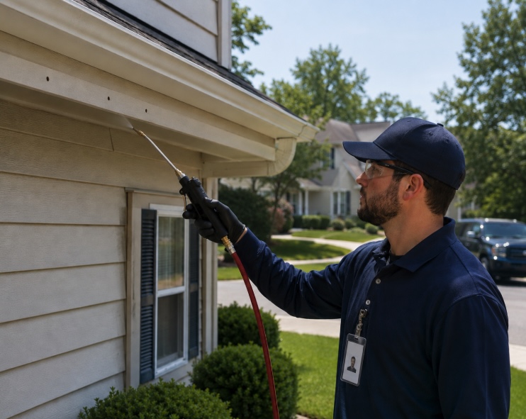 est control technician treating carpenter bee holes on a New Jersey home