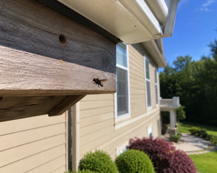 Carpenter bee hovering near the wooden eave of a New Jersey home in spring