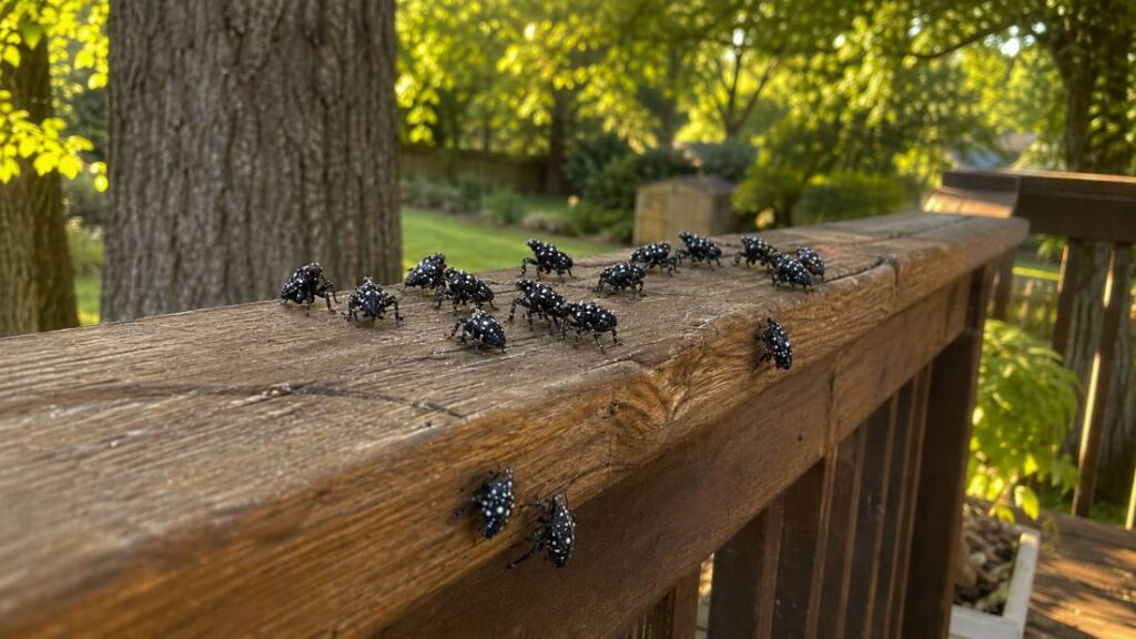 Spotted lanternflies gathered on a backyard deck in Ocean County NJ