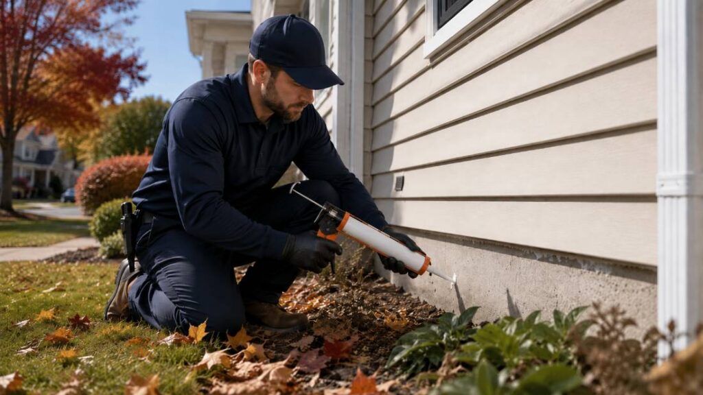 Pest control technician sealing an exterior entry point to prevent stink bugs from entering a New Jersey home