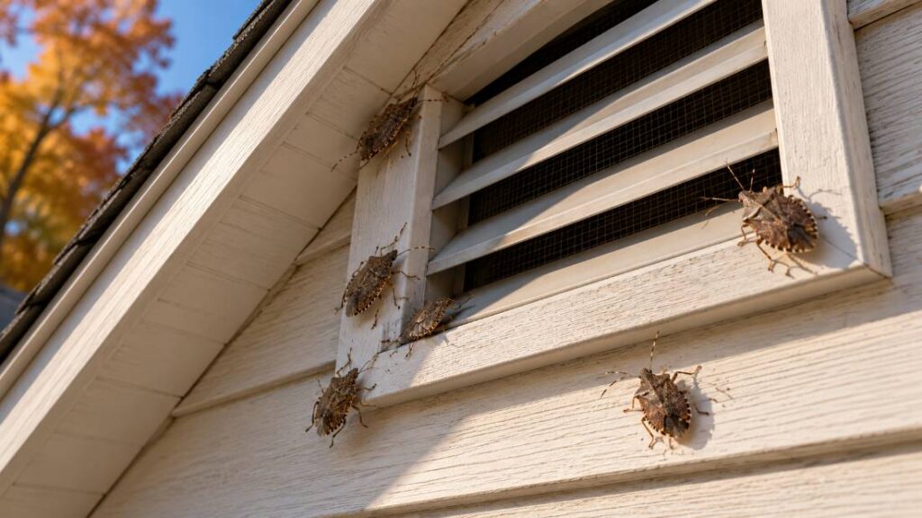 Cluster of stink bugs gathered near an attic vent, a common fall entry point in New Jersey homes