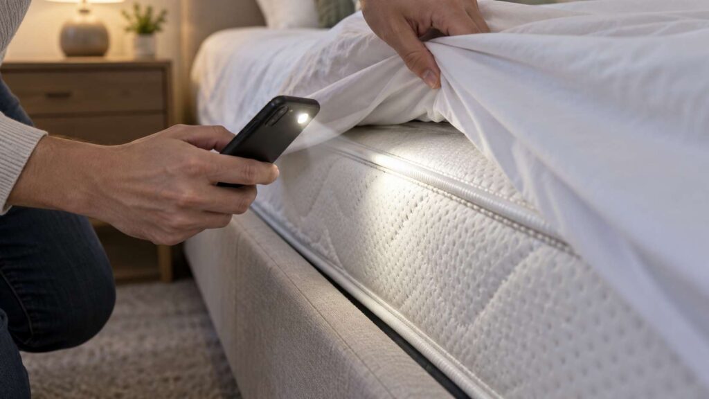 Checking a mattress seam with a flashlight for signs of bed bugs in a Brick, New Jersey home