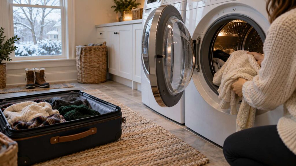 Unpacking travel clothes straight into the dryer after a holiday trip to Ocean County New Jersey